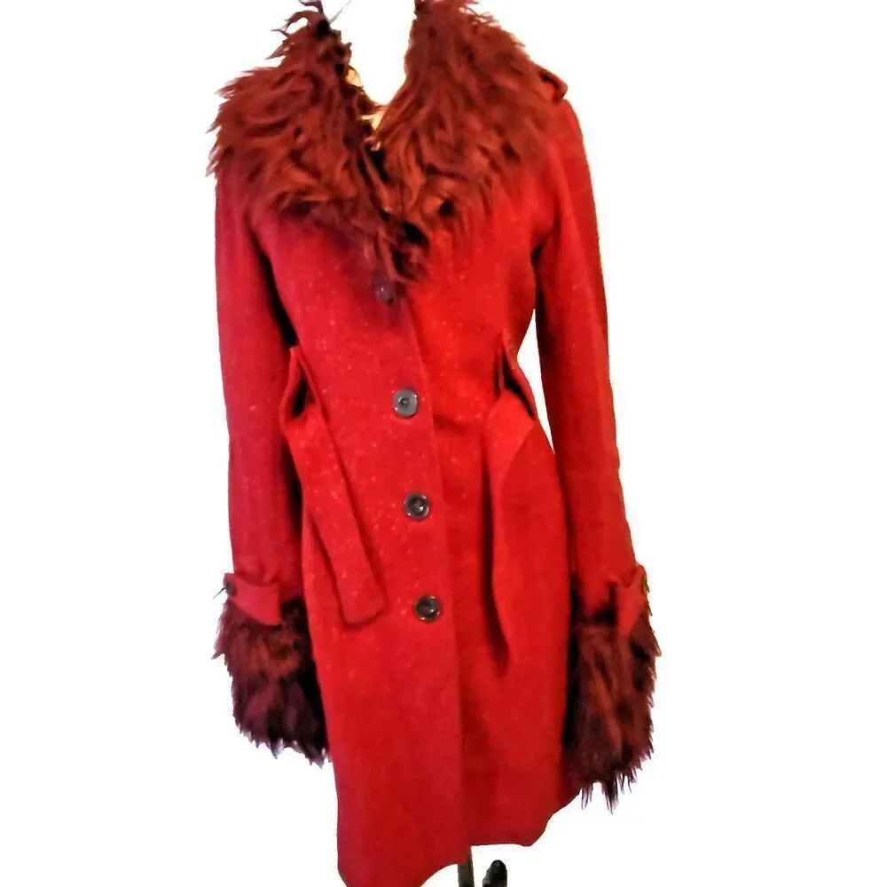 Reworked Express Design Studio Red Wool Coat Size S Faux Fur Cuffs
